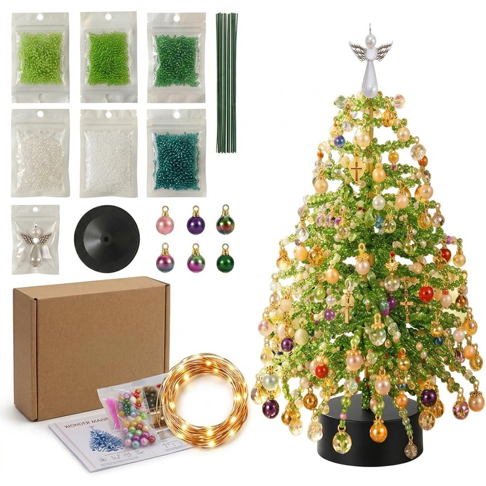 DIY Beaded Christmas Tree Kit Crystal Holiday Craft Set with Colorful Beads Ornament Charms Metal Frame and Warm Lights for Tabletop Decor