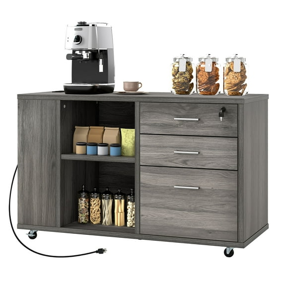 Uforic Mobile File Cabinet with Charging Station, Wood Lateral Filing Cabinet with Lock Printer Stand Fits A4 Letter Legal Size Files