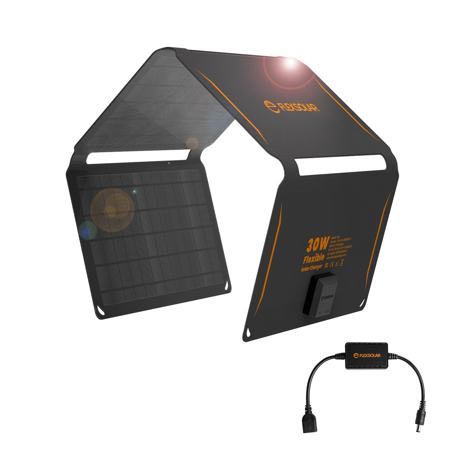 FlexSolar 30W Potable Solar Panel(19.8V/1.6A Max)， Folding USB Solar