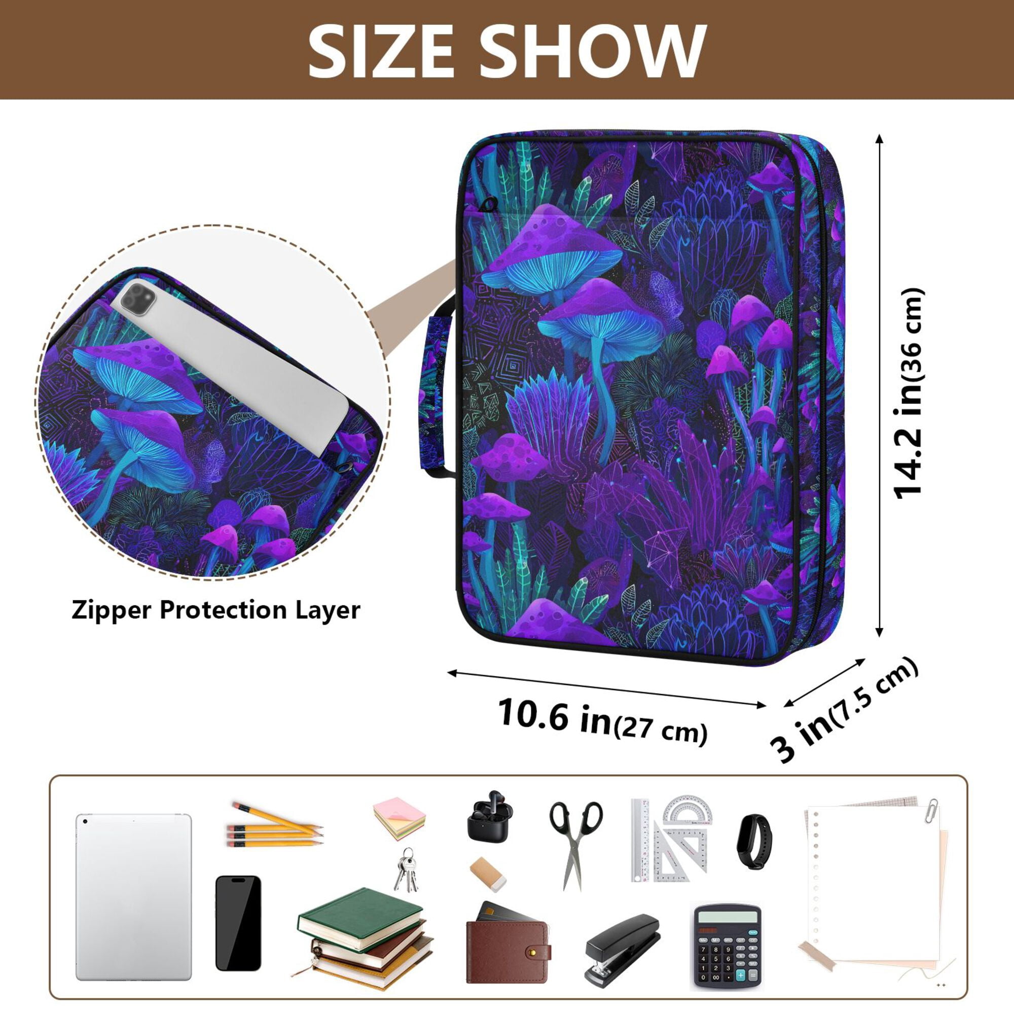 FORMRS Accordion File Folder A4 Size 7-Pocket Expanding Document Organizer Bag with 3 Ring Binder, Night Mushrooms Pattern
