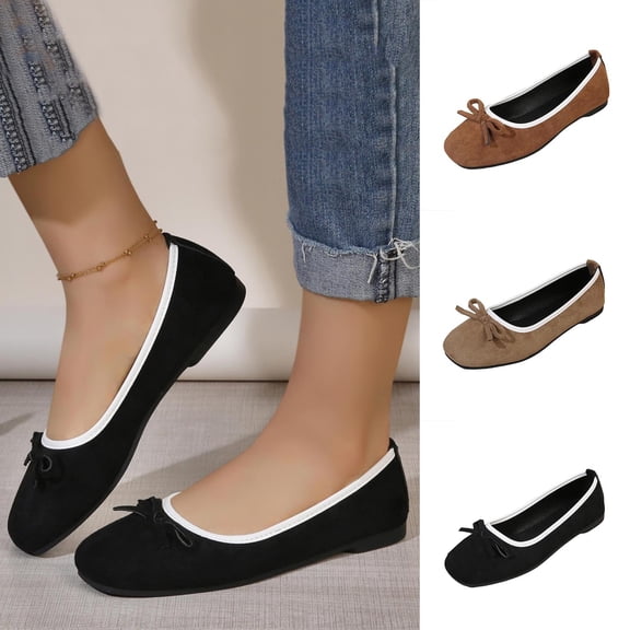 Miqool Bowknot Ballet Flats for Women Casual Flat Shoes Flock Round Toe Soft Sole Slip On Loafers Indoor Outdoor Comfortable Shoes
