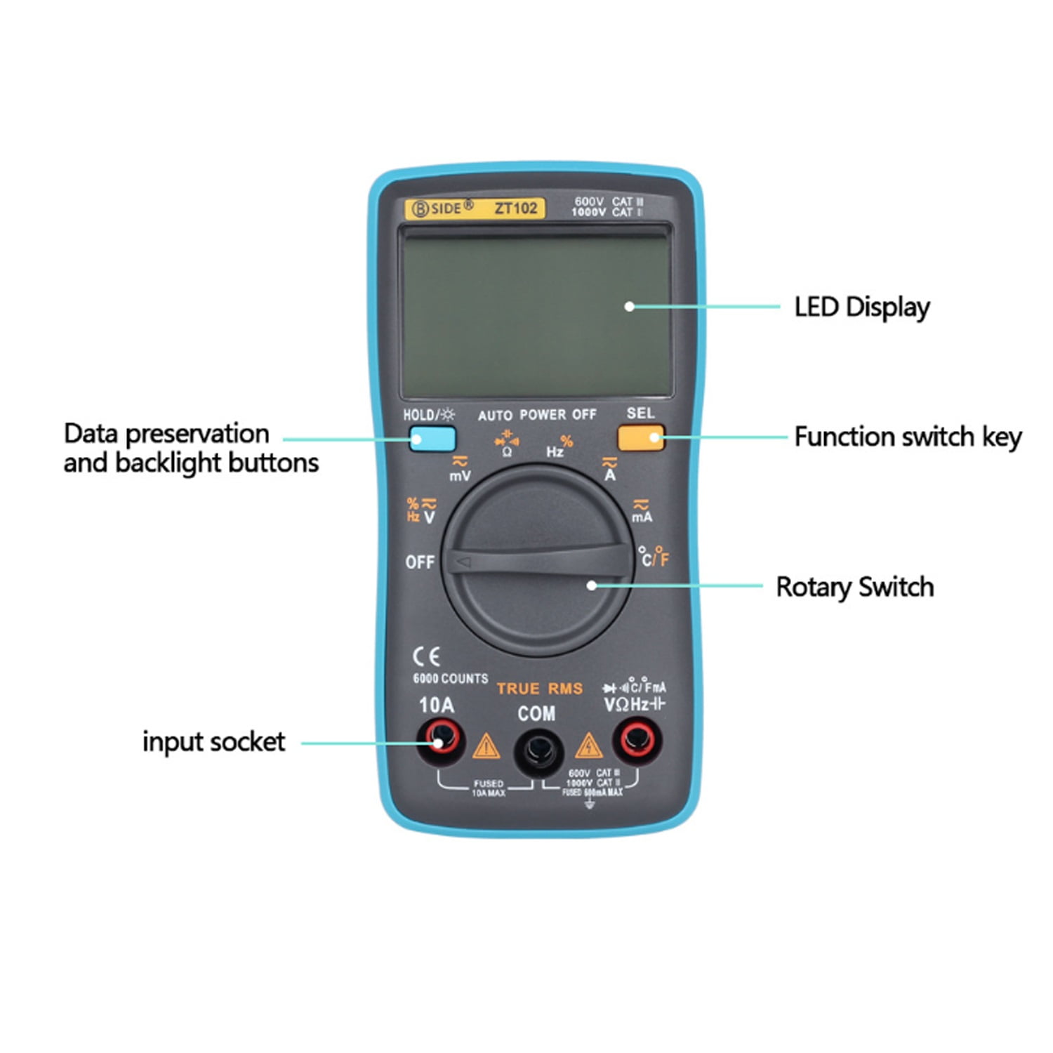 Auto Digital Multimeter 6000 Counts Backlight Meter Ammeter Voltmeter Low Voltage Temperature Indication Portable ZT102