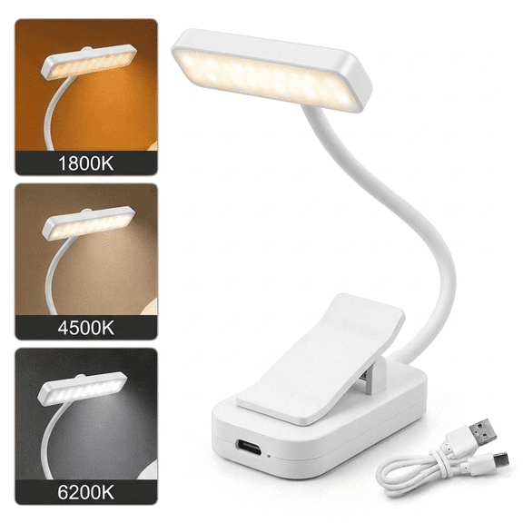 DAYBETTER LED Rechargeable Clip-on Reading Light, 3 Color Modes, Adjustable Brightness, Portable Bed Reading Lamp for Bookworms, White