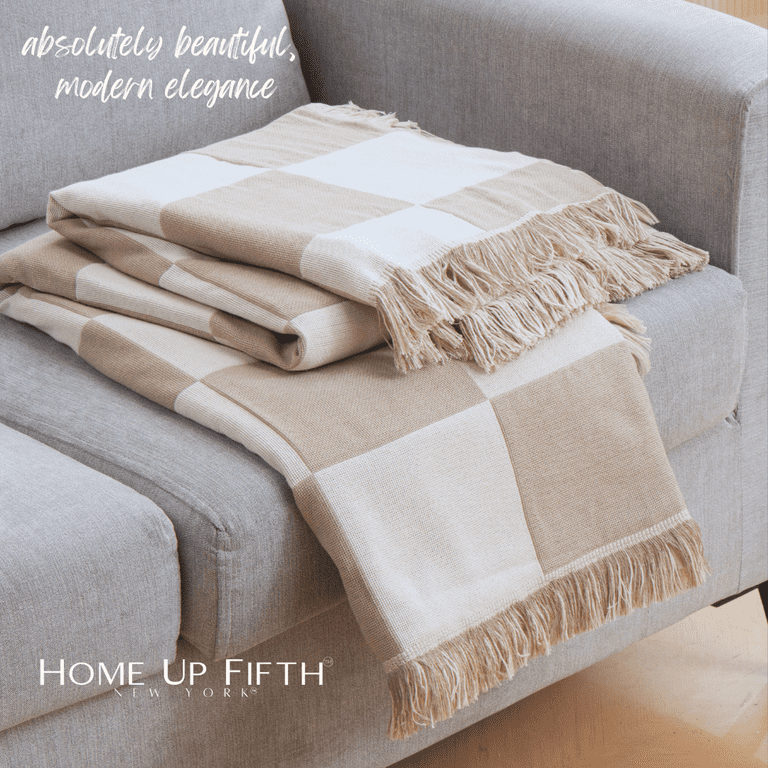 Checkered Couch Throw Blanket in Neutral Tan with Fringe 50x60 Size Walmart
