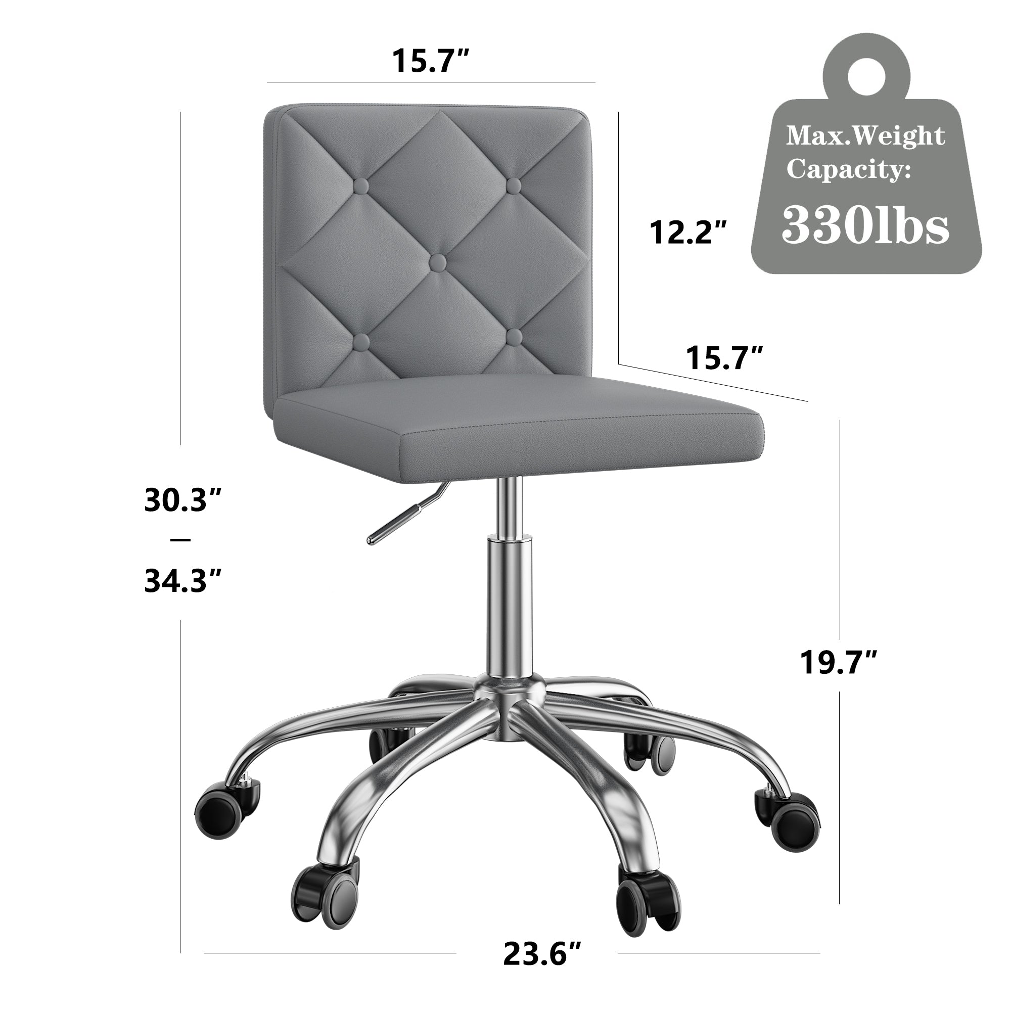 VECELO PU Leather Armless Office Chair with Wide Seat, Adjustable Height Mid-Back Task Chair, 360° Rolling Swivel Vanity Chair for Home Office,Grey