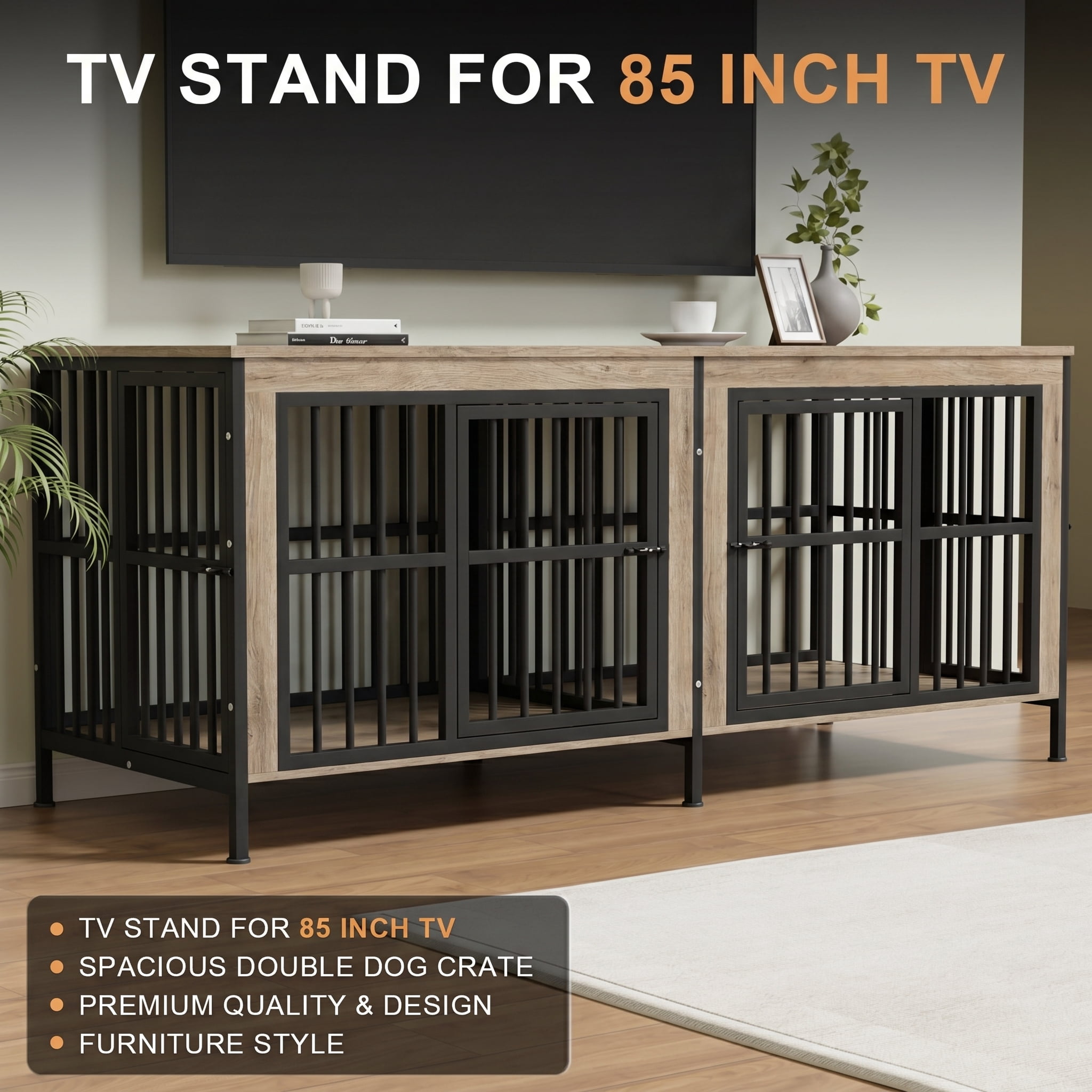 Ironovahome 78" Dog Crate Furniture for 2 Large Dogs with Sturdy Removable Divider and Double Doors, XXL Extra Large Indoor Dog Kennel, Thick Heavy Duty Wooden Dog Cage, Ivory