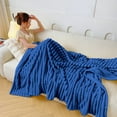 thumbnail image 4 of Tahtuvzn Bedroom Decor 78x70" Flannel Fleece Throw Blanket Lightweight Warm and Soft Striped Couch Bed Cozy Microfiber Ribbed Sofa Decor for All Season, Gifts for Her, Blue, 4 of 6