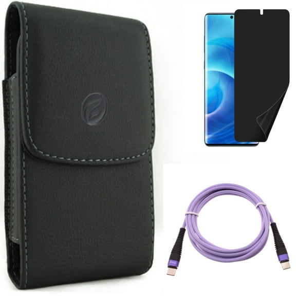 Purple 6ft PD Cable w Privacy Screen Protector w Case Belt Clip for Samsung Galaxy S20 - Type-C to USB-C Long Charger Cord, TPU Film [NOT GLASS], Leather Holster G8N fits Samsung Galaxy S20 Model