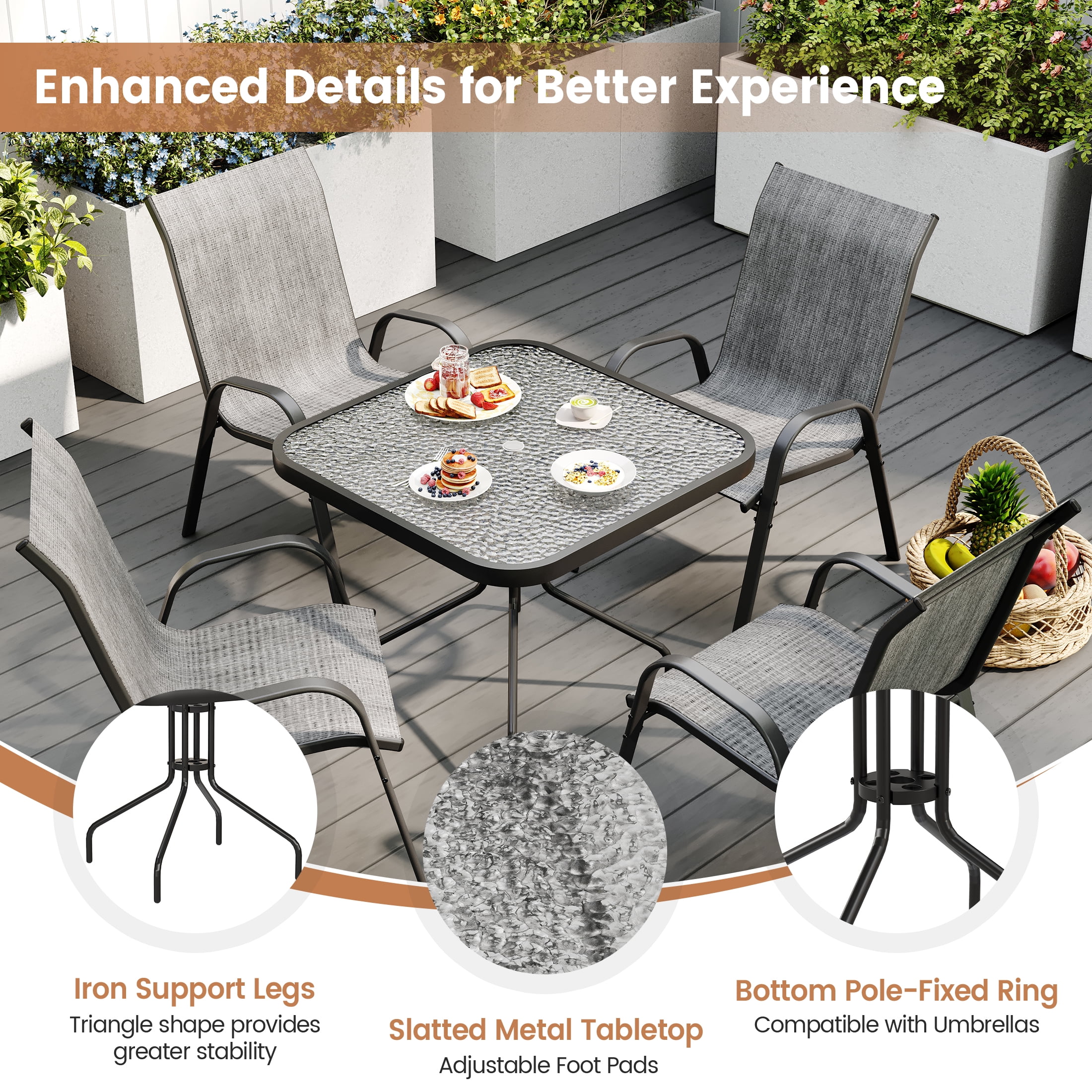 ELPOSUN Outdoor Dining Set of 5, Patio Table and Chairs Set, Textured Glass Tabletop, 4 Stackable Patio Chairs, Patio Furniture, Balcony, Porch, Lawn- Light Grey