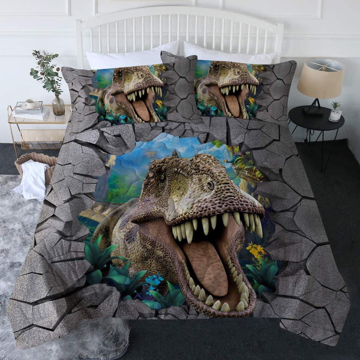 3 Piece Kids Comforter Set With Pillow Shams 3D Dinosaur Bedding Set