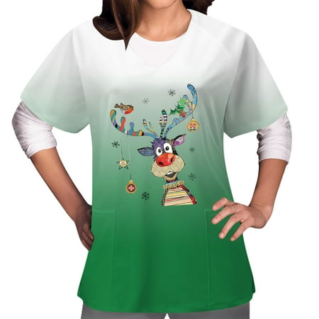 

jsaierl Women Christmas Scrub Tops V-Neck Short Sleeve Deer Graphic Top Nurse Uniform Workwear T Shirts Cute Gradient Blouse Tees with Pockets