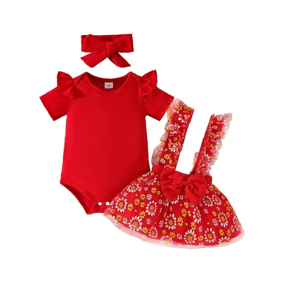 Hienoo Newborn Girls Ribbed Short Sleeve Romper Floral Suspender Skirt with Headband Set