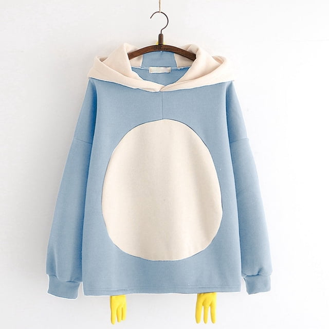 Casual Loose Color Block Long Sleeve Cute Cartoon Chick Hooded Sweatshirt (Light Blue S )