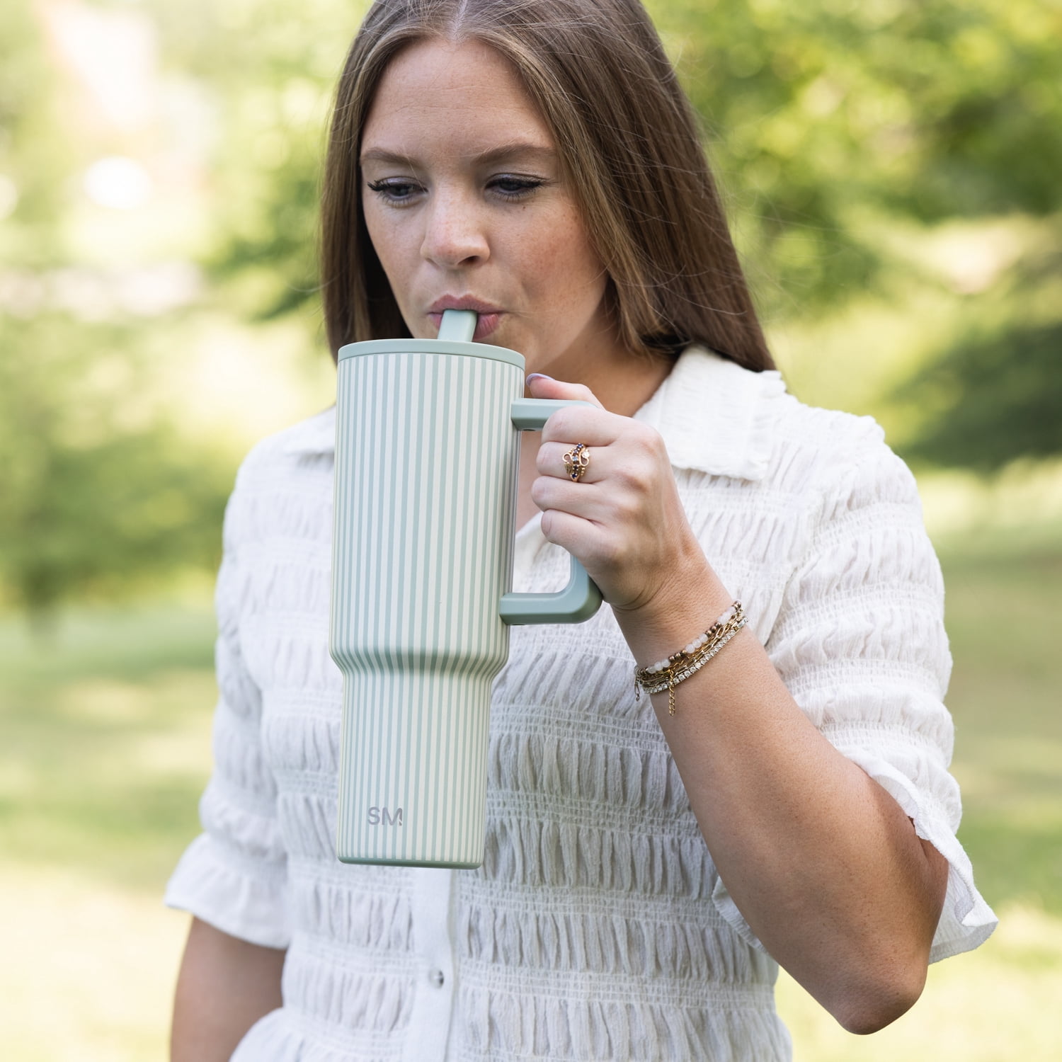 Simple Modern 40 fl oz Insulated Stainless Steel Trek Tumbler with Folding Straw Lid|Sage Stripes
