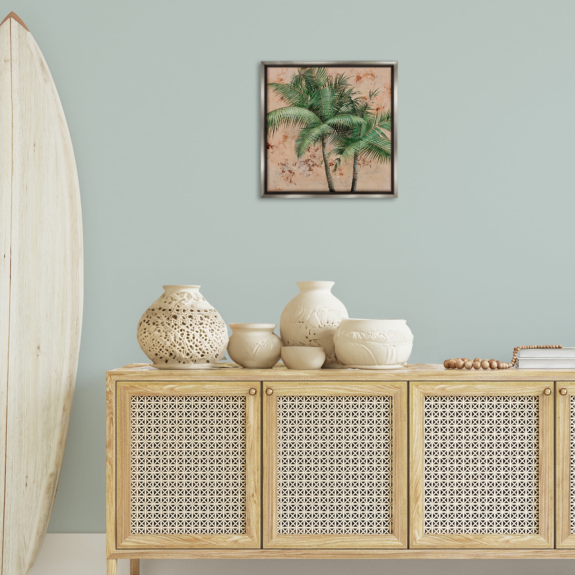 Stupell Industries Leafy Palm Fronds Botanical & Floral Painting Gray Floater Framed Canvas Art Print Wall Art, 18 x 18