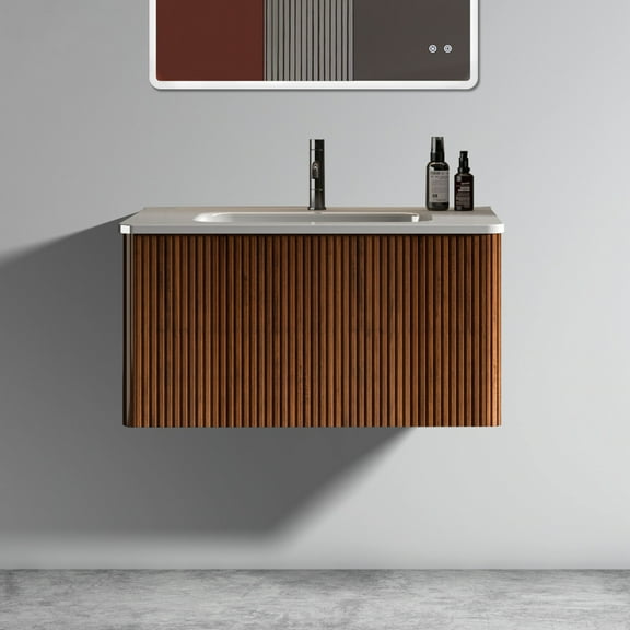 24" Striped Walnut Bathroom Vanity - White Ceramic Sink Wall Mounted Curved Edges Elegant Appeal Texture Mount Fashionable