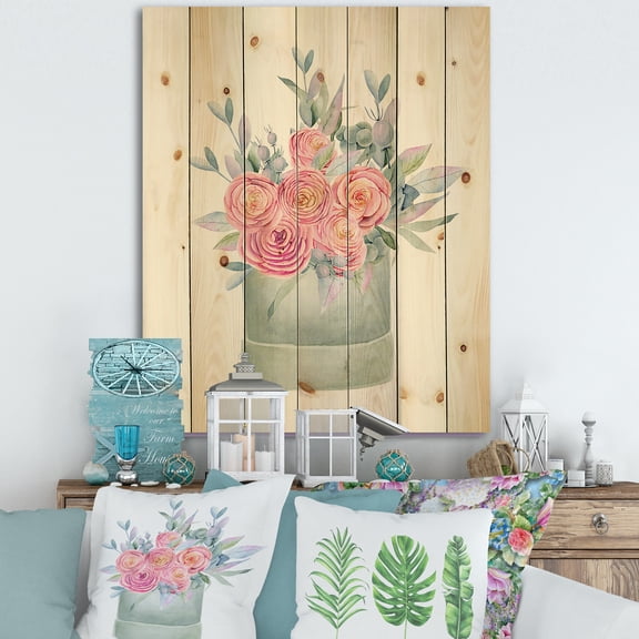 Designart 'Pink Roses With Gift Box' Farmhouse Print on Natural Pine Wood