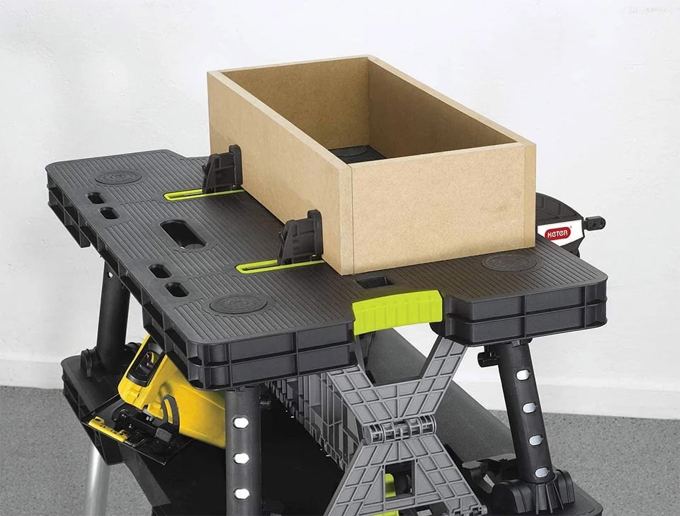 Keter Compact Portable Folding Garage Workbench Work Table with Clamps, Green