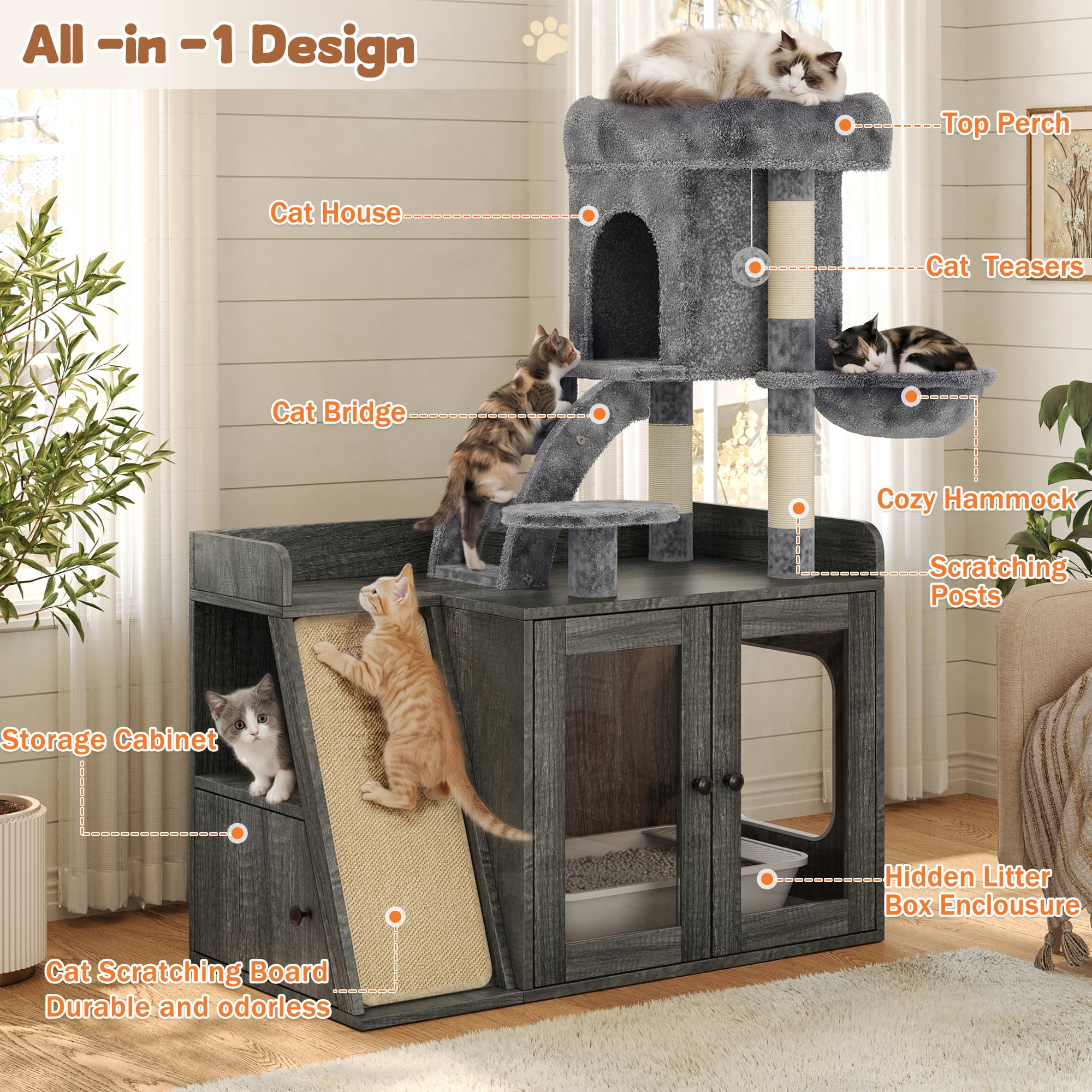 Aukfa 2-in-1 Cat Tree with Hidden Litter Box & RGB Lighting, Modern Multi-Level Cat Tower with Side Storage & Sisal Scratching Board,Gray