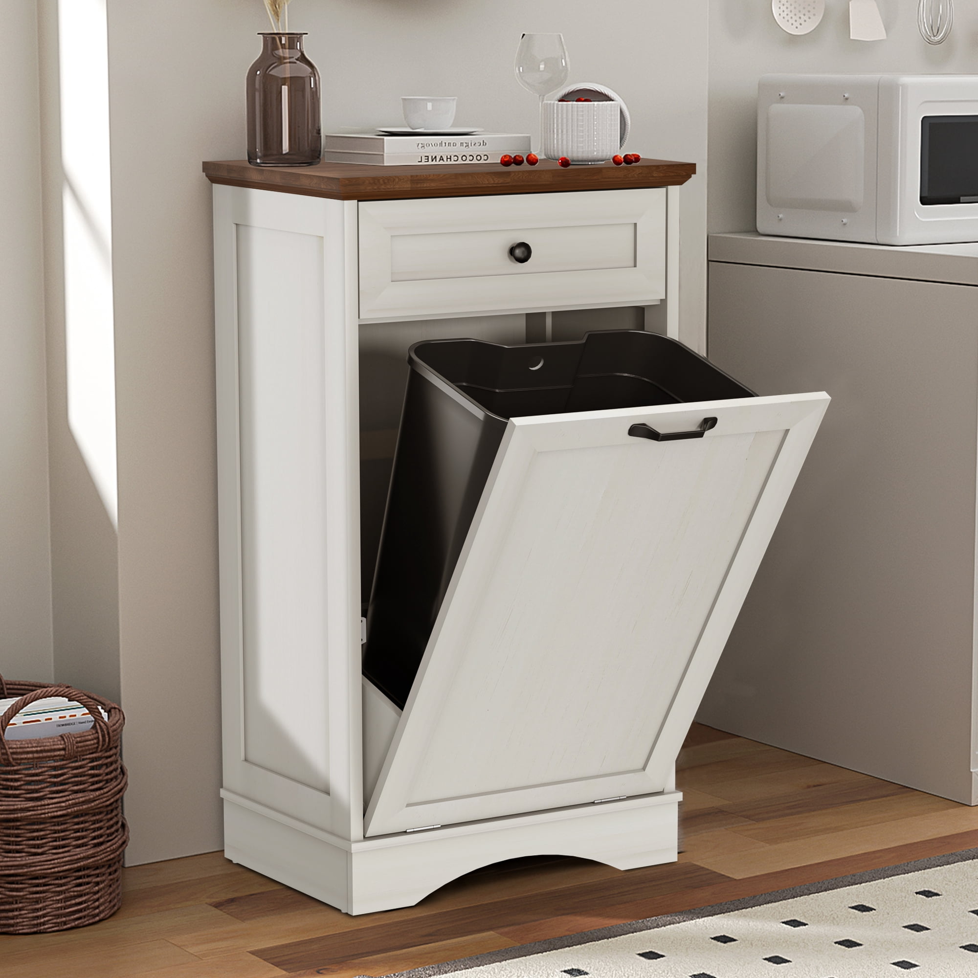 HARIPUL 13 Gallon Tilt Out Trash Cabinet for Kitchen, Single Kitchen Trash Can Cabinet with Drawers, White