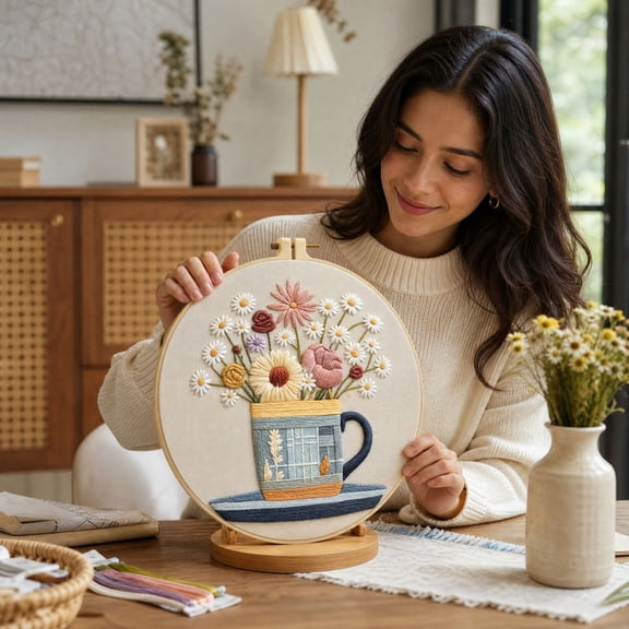 Hand Embroidery Kit for Beginners with 8 Inch Embroidery Hoop Frame,Daisy Wall Decor Stitch Craft Set for Adults,Embroidery Starter Kit with Thread Scissors,1 Set