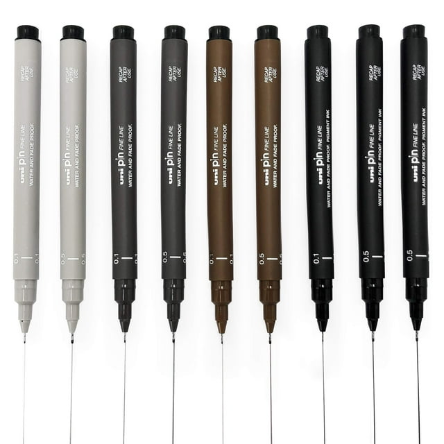 Bolígrafo de dibujo Uni Pin Fineliner - Juego de bocetos - Negro Gris oscuro Gris claro Sepia - 0,1/0,5 mm - Juego de 9