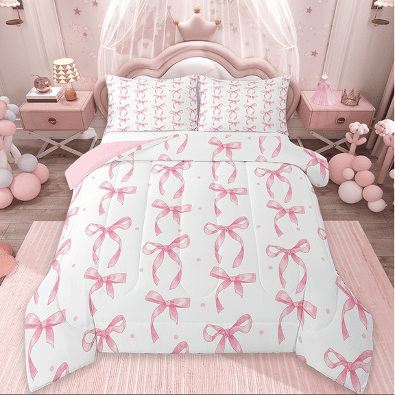 Manfei Cute Pink Bowknot Kids Bedding Comforter Set,Girls Ribbon Bow Knot Twin Comforter Sets,Pink Bows Bedding Set,Reversible Pink,2 Piece