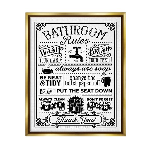 Stupell Industries Vintage Style Bathroom Rules Diagram List Border Graphic Art Metallic Gold Floating Framed Canvas Print Wall Art, Design by Lettered and Lined