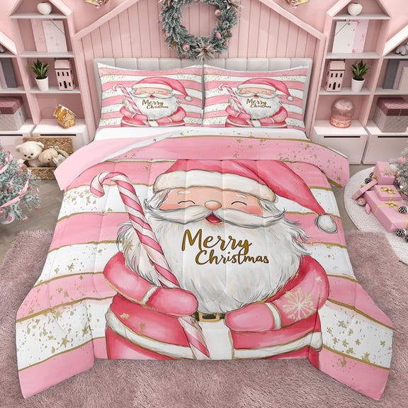 Homewish Kids Children Santa Claus Bedding Comforter Set 2pcs,Geometric Stripes Twin Comforter Sets Microfiber,Merry Christmas Xmas Breathable Bedding Set,Luxury Bedroom Decor,Reversible