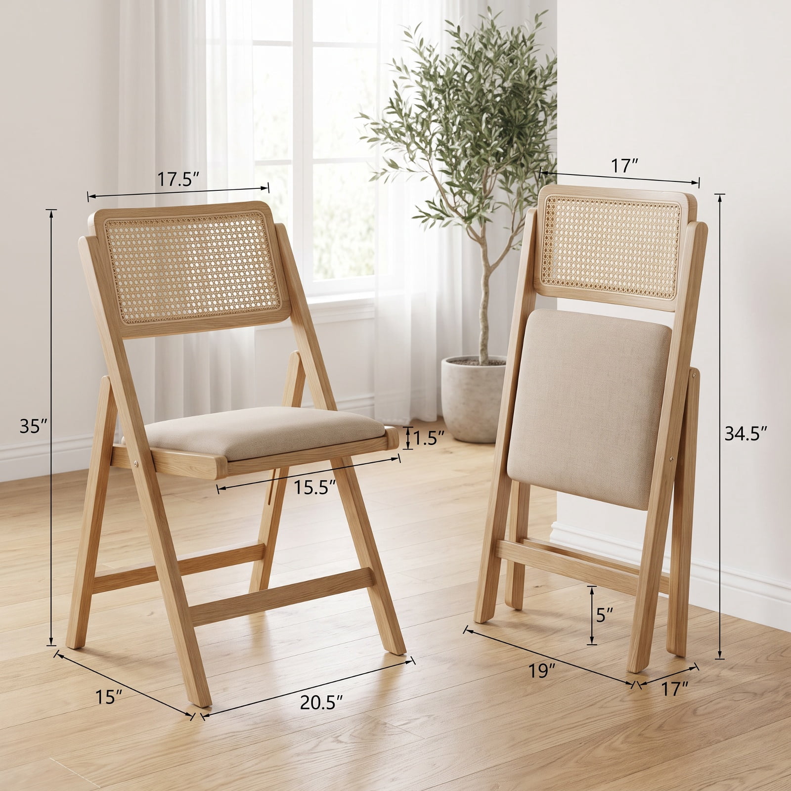 Furnibear Folding Dining Chairs Set of 2 Rubber Wood Chairs with Linen Padded Seat for Kitchen Dining Room Living Room Home, Natural