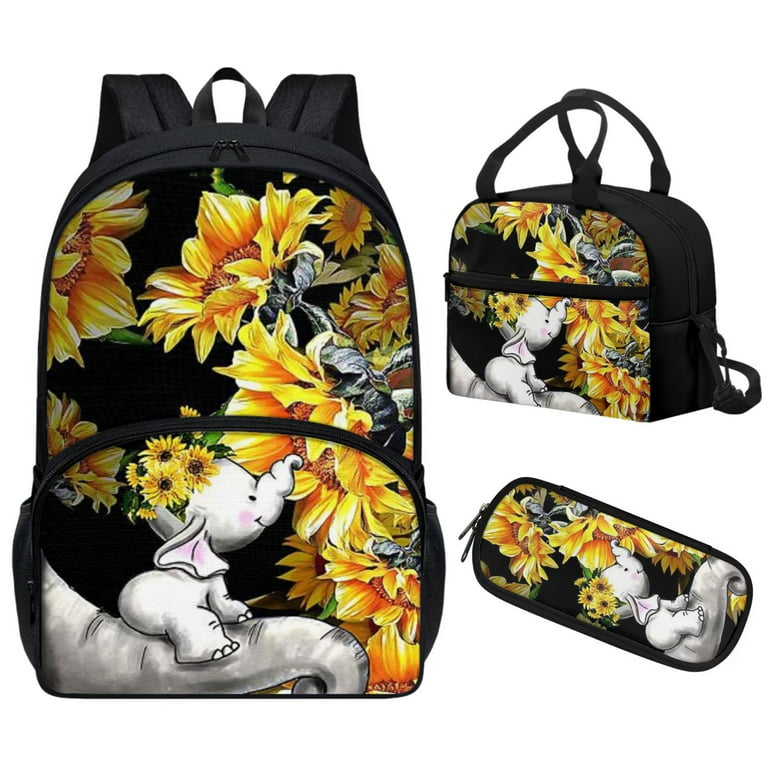 FKELYI 3 Piece Sunflower Elephant Backpack for School Girls 10-12 Kids  School Bags Set with Lunch Box Insulated Pencil Case Student Children