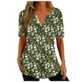 thumbnail image 2 of Jacenvly 2024 new ladies plus size tops tunic Loose Women's Print Casual Short Sleeve Top/Shirt soft Satiny Floral Ruffle Trim Flouncev neck t shirts summer clothes for women Army Green, 2 of 5