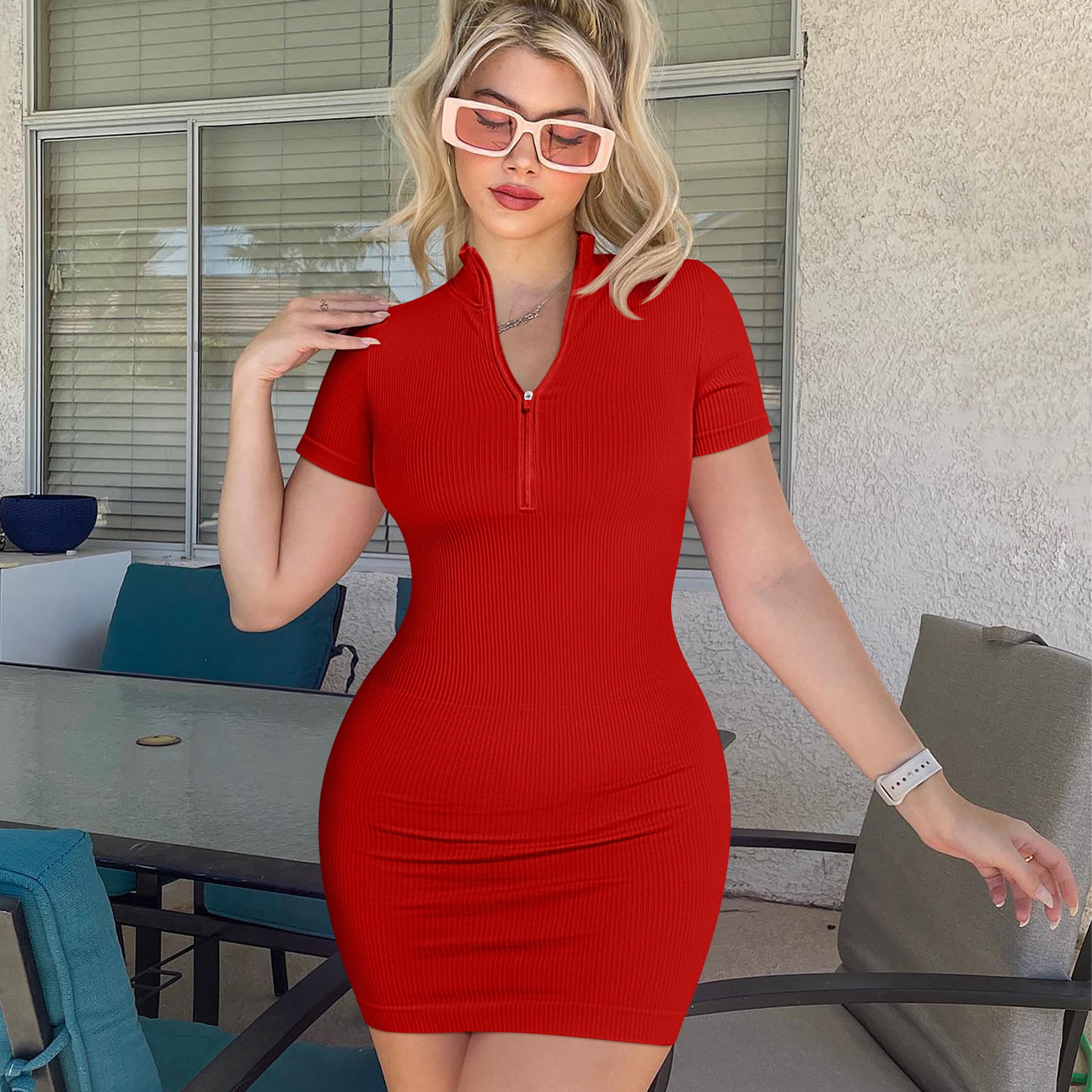 OQQ Women's 2 Piece Dresses Sexy Ribbed Zip Front Short Sleeve Stretch Tops Mini Dress