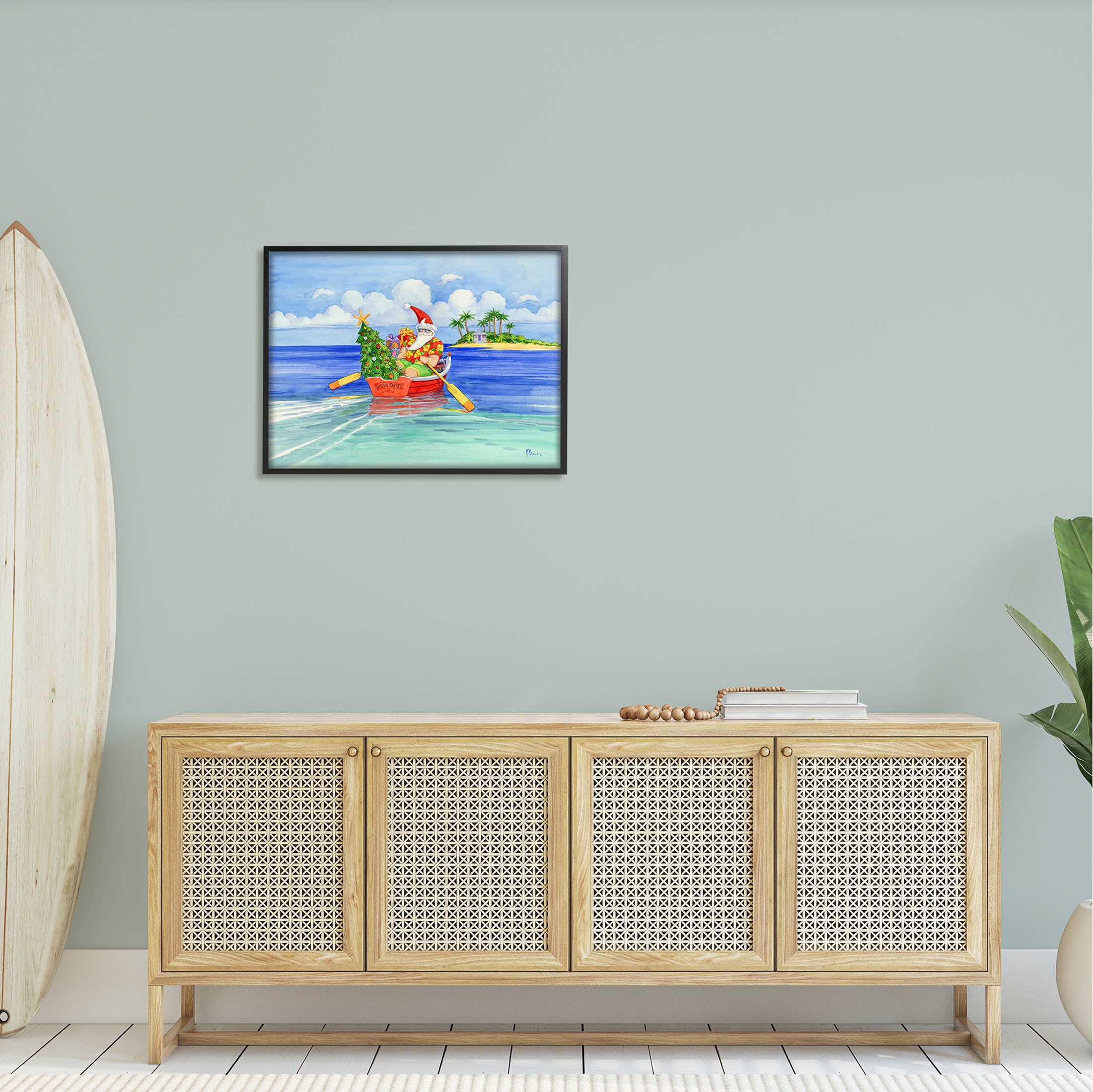 Stupell Industries Santa's Delivery Tropical Christmas Boat Painting Black Framed Art Print Wall Art, Design by Paul Brent
