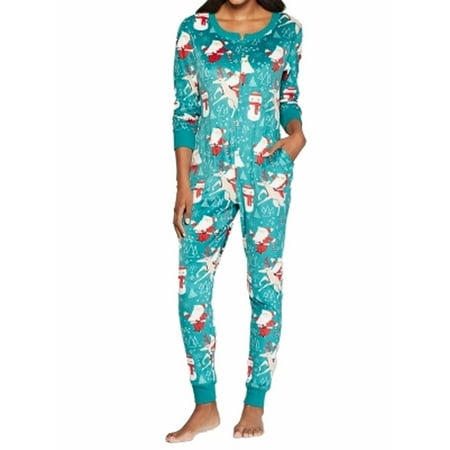 Womens Green Santa Claus Reindeer Print Christmas Holiday UnionSuit Pajama XL/XX