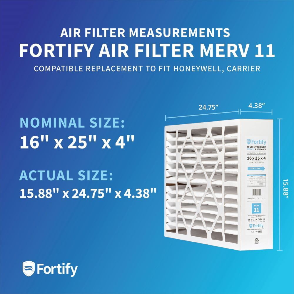 Fortify 16x25x4 MERV 11 Replacement for Honeywell FC100A1029 and Carrier Pleated HVAC AC Furnace Filters. (2-Pack) Actual Size: 15.88 x 24.75 x 4.38