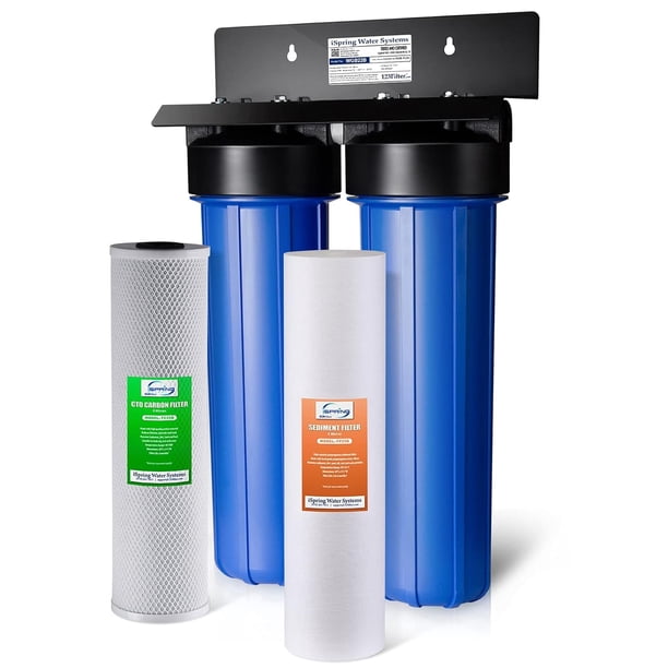 iSpring WGB22B Sistema de Filtración de Agua para Toda la Casa de 2 Etapas con Filtros de Bloque de Carbón y Sedimentos Finos de 20” x 4,5”, Elimina el 99 % del Cloro