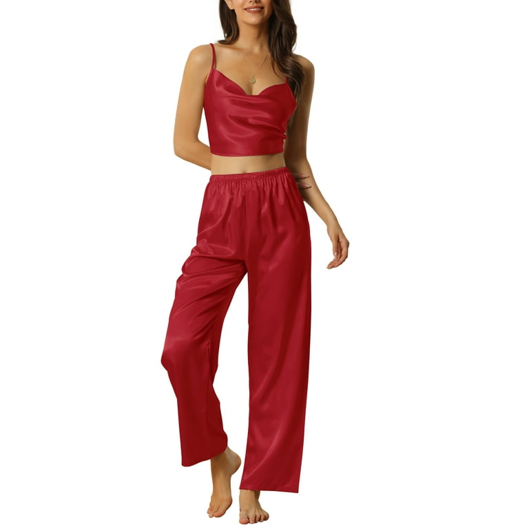 cheibear Womens Satin Sleepwear Cowl Neck Cami Top with Long Pant PJ  Loungewear Silky Pajama Set