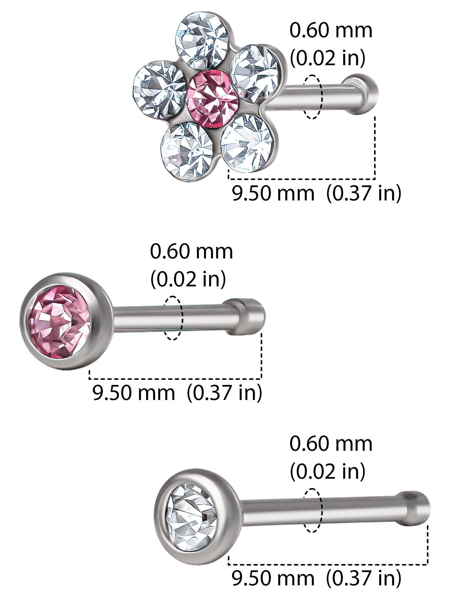 Women's Trio of Stainless Steel Flower Nose Studs with Crystal Accents, 3-Pack