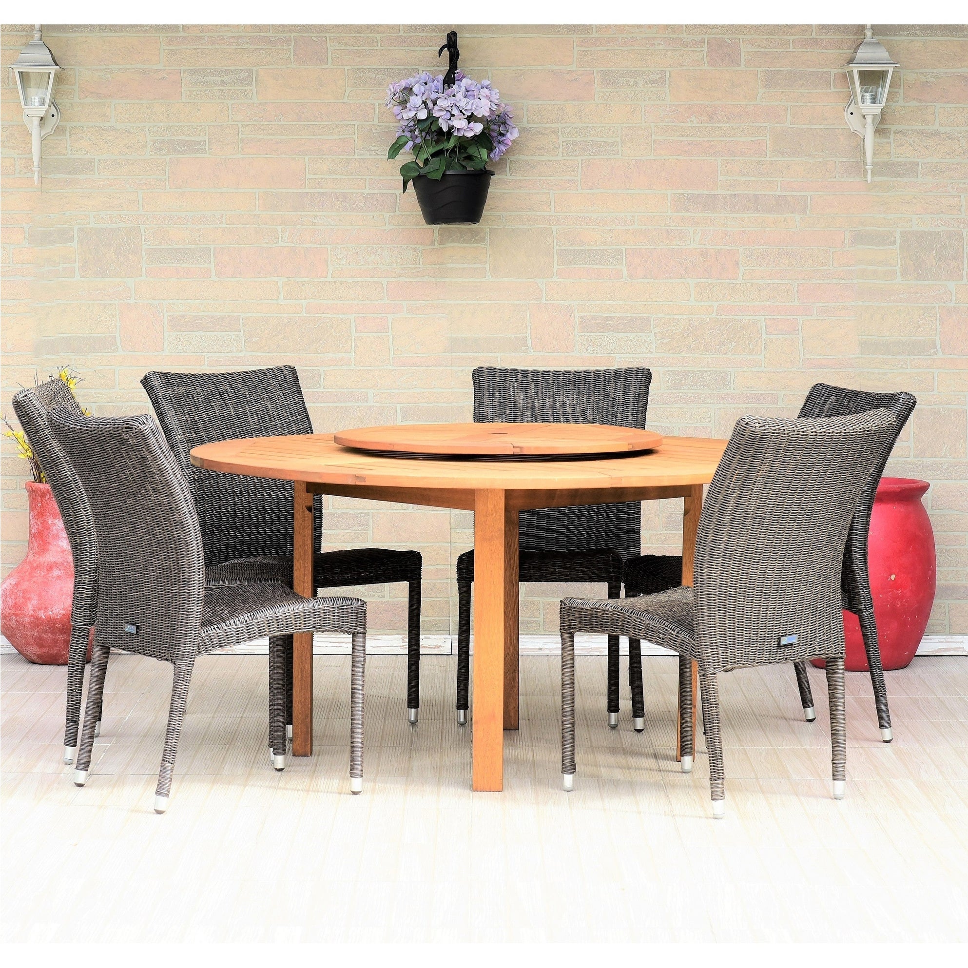 Amazonia 7piece Brown Wood Lazy Susan Dining Set with Grey Wicker