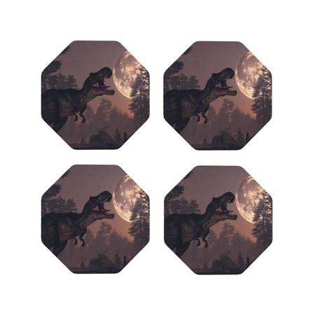 

KLL Drink Coasters Set Octagon of 4 PU Leather Absorbent Coasters Set Decorative Coffee Cup Coasters Housewarming Gift for Home Decor-Dinosaur Moonlit Forest