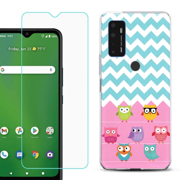Shockproof Bumper Phone Case for AT&T Radiant Max 5G / Fusion 5G, with Tempered Glass Screen Protector, by OneToughShield ® - Chevron/Teal/Owl