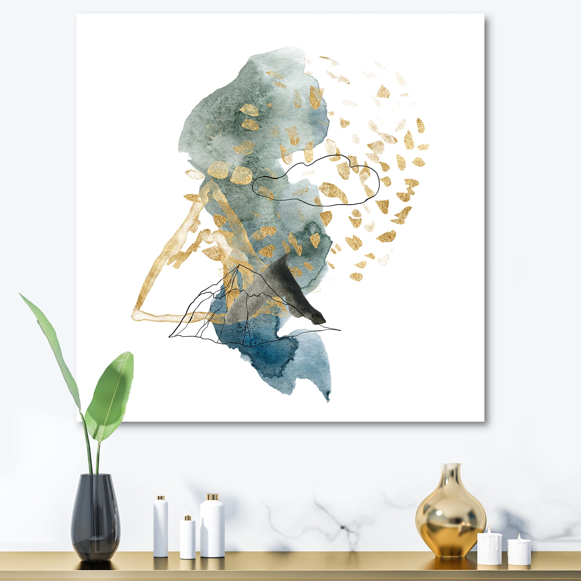 Designart ' Gold Strokes and Landscape of Dark Blue Mountains I ' Modern Canvas Wall Art Print