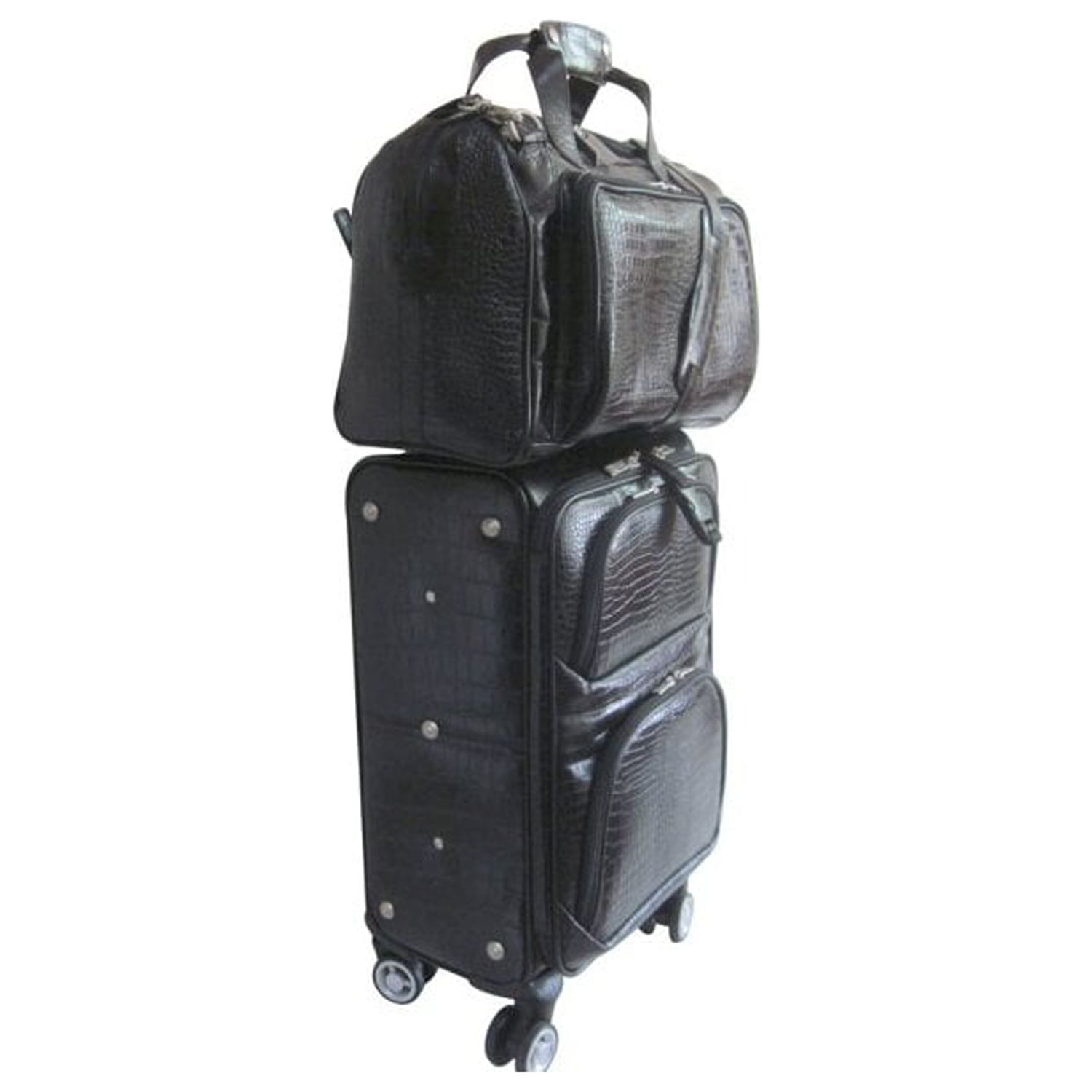 Black Leather Croco-Print 2-Piece Carry-On Spinner Luggage Set - image 3 of 4