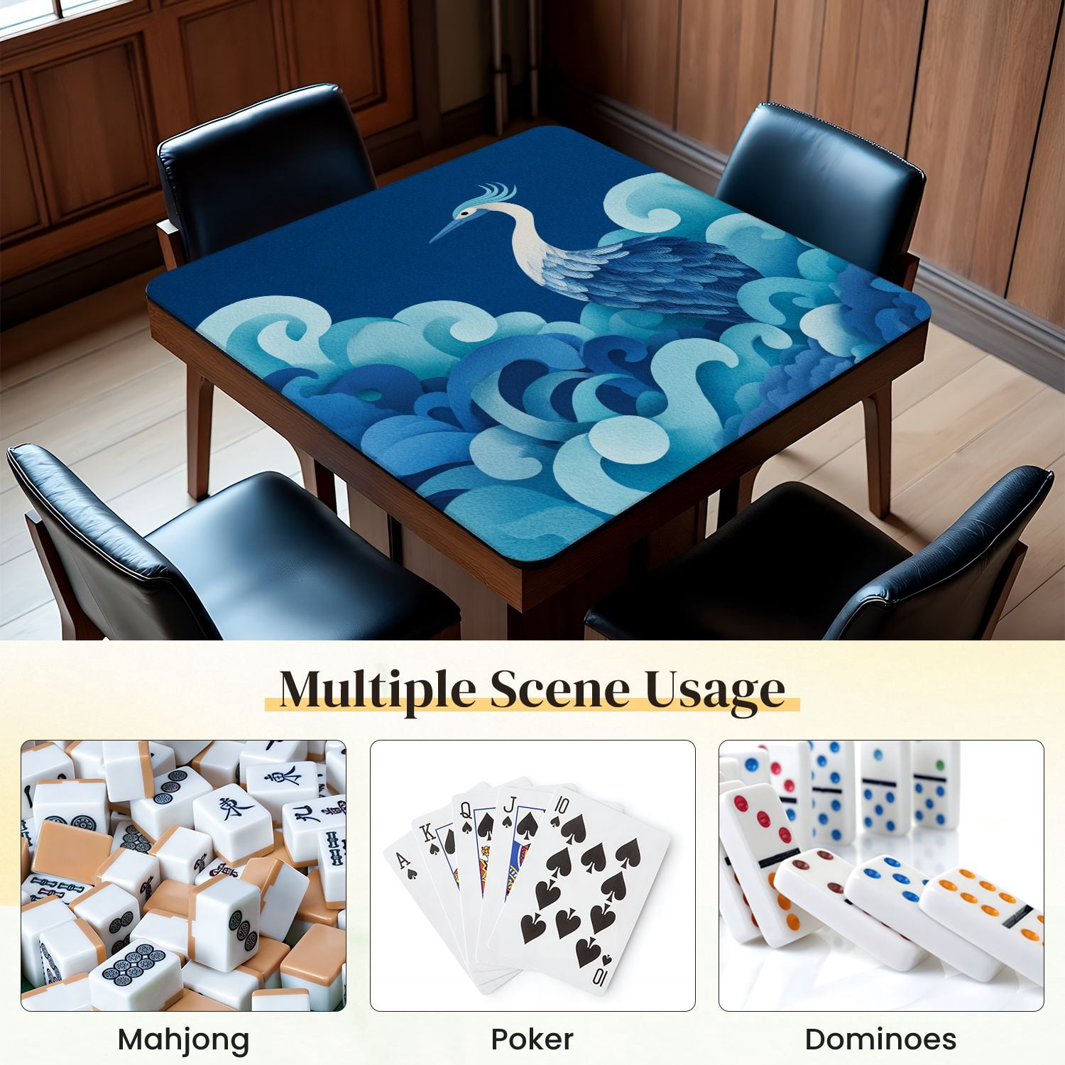 Chinoiserie Mahjong Mat 31.5" x 31.5" Symmetrical Crane Art Flowing Feathers Calming Clouds Non-Slip Noise Reduction Mahjong Tiles Table Cover for Dominoes Poker Card Board and Tile Games