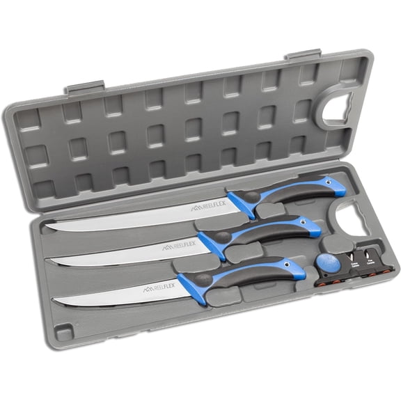 Fillet Knife Set - ReelFlex Pak Features 3 Razor-Sharp Flexible Fillet Knives, 6", 7.5" & 9" German Stainless Blades, Non-Slip Handles, Sharpener & Hard Case, Fishing Gear & Equipment