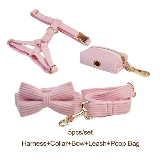 Pink Corduroy Dog Collar And Leash Set With Custom Engraved Nameplate