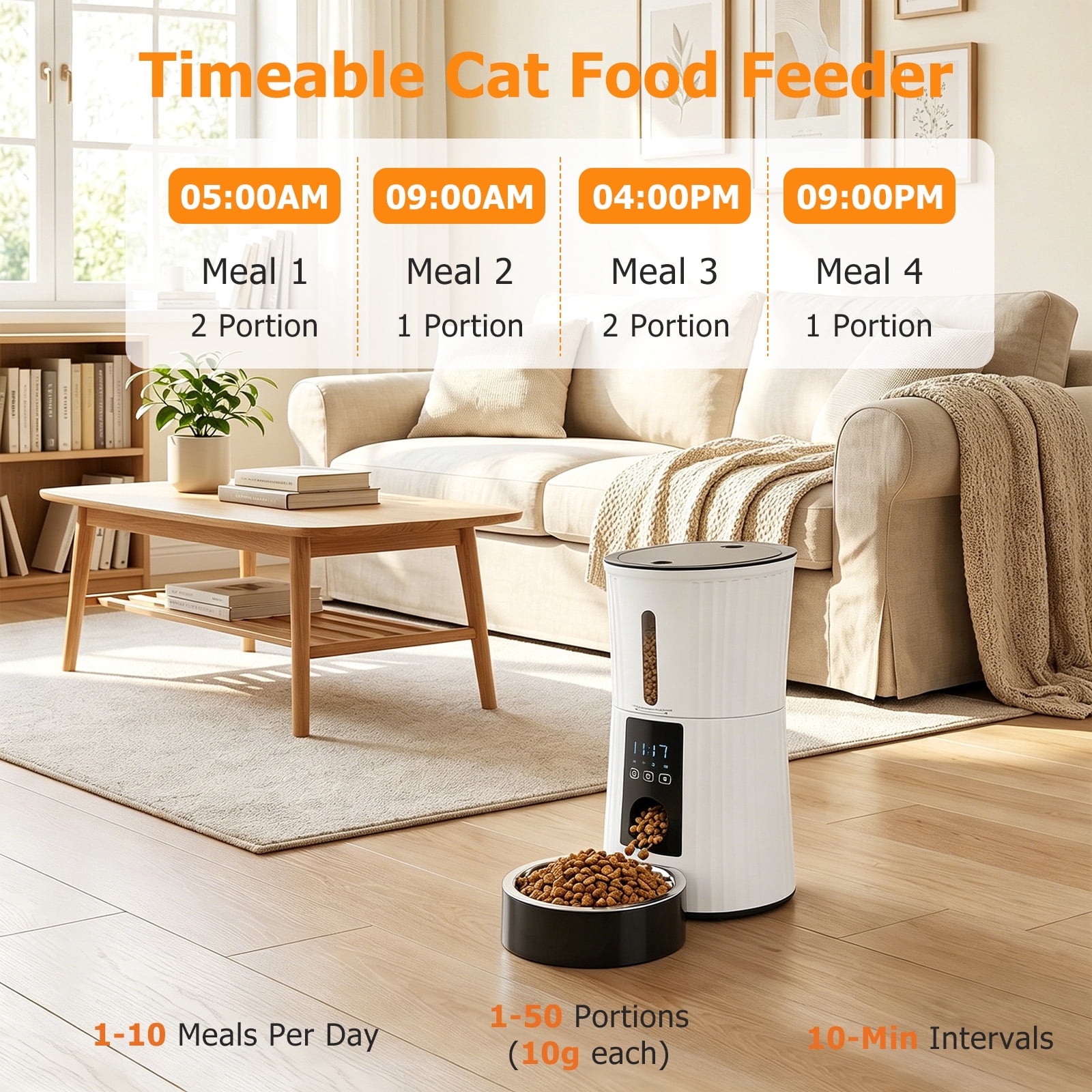 Atilioo Automatic Cat Feeder, 4L WiFi Pet Food Dispenser with App Control, Dry Food, Dual Power Supply, Timed Portion Control for Cats & Small Dogs, White
