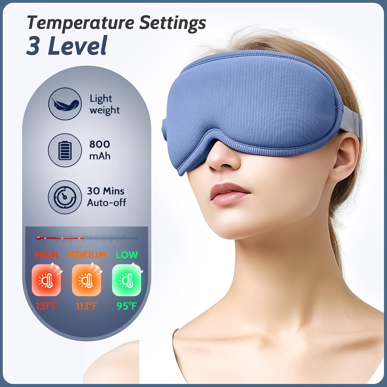 Heated Massage Eye Mask, Heating Sleeping Eye Mask with 3 Level Heating, 5 Vibration Modes, 4 Massage Points, 30min Auto Off for Relax Eye Strain, Blue