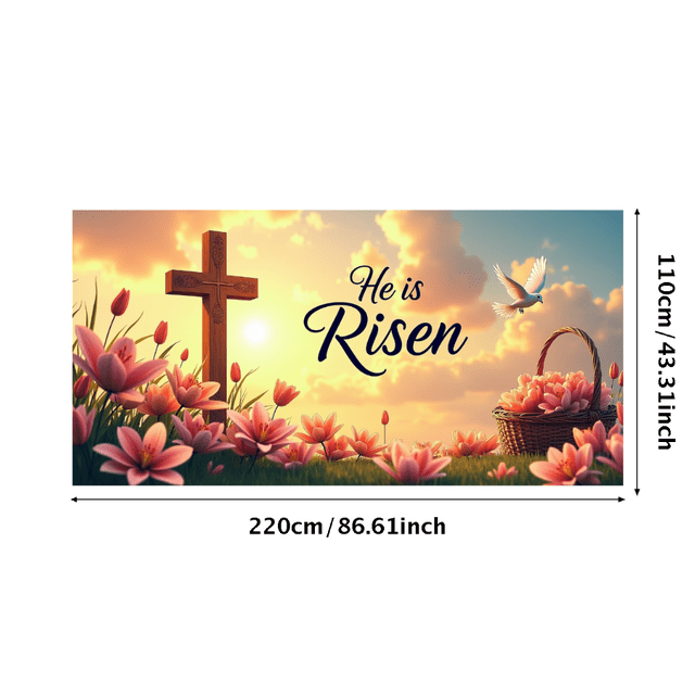 He is Risen Easter Banner with Dove and Cross Sunrise Backdrop for Religious Celebration Church Event Christian Decor Spiritual Photography